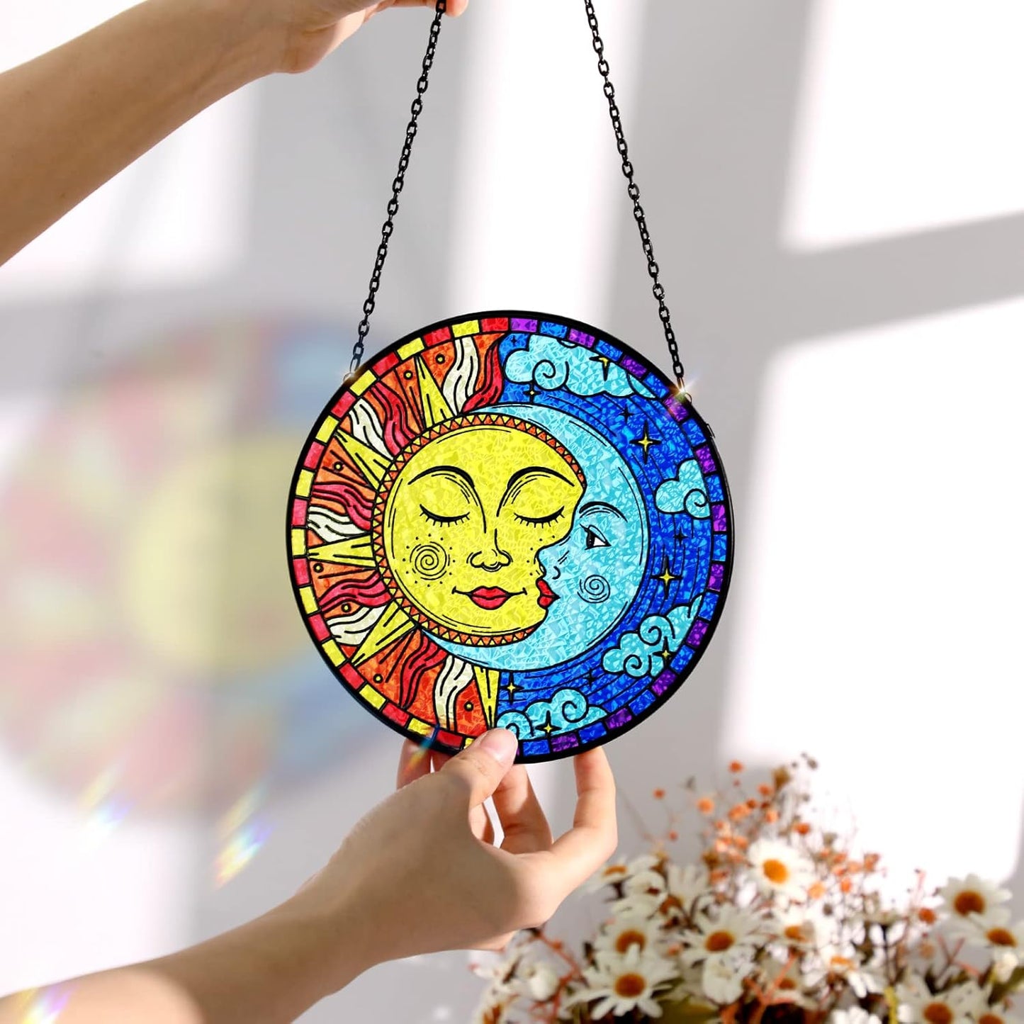 Sun and Moon Decor Stained Glass Boho Suncatcher for Windows Hanging Sun Moon Eclipse Celestial Decor for Garden Living Room Conservatory Witchy Gifts for Women Christmas Thanksgiving Gifts
