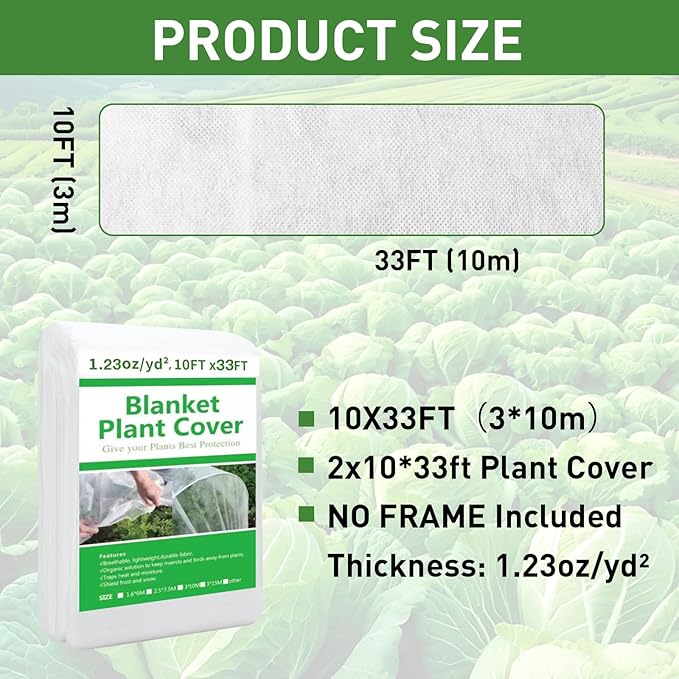 2 Pack Plant Covers Freeze Protection,10ft x 33ft Frost Cloth Plant Cover Blanket for Outdoor Plants Winter or Floating Row Covers Freeze Protection Garden Covers for Vegetables Raised Beds Insect