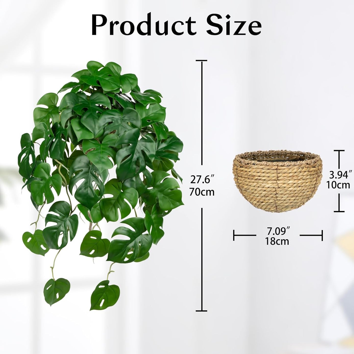 Large Fake Hanging Plants in Pot for Indoor & Outdoor, Long Artificial Hanging Monstera Plants, 27.6" Fake Potted Vines Ivy Greenery Plant for Room Wall Shelf Decor Living Room Bathroom Patio Porch