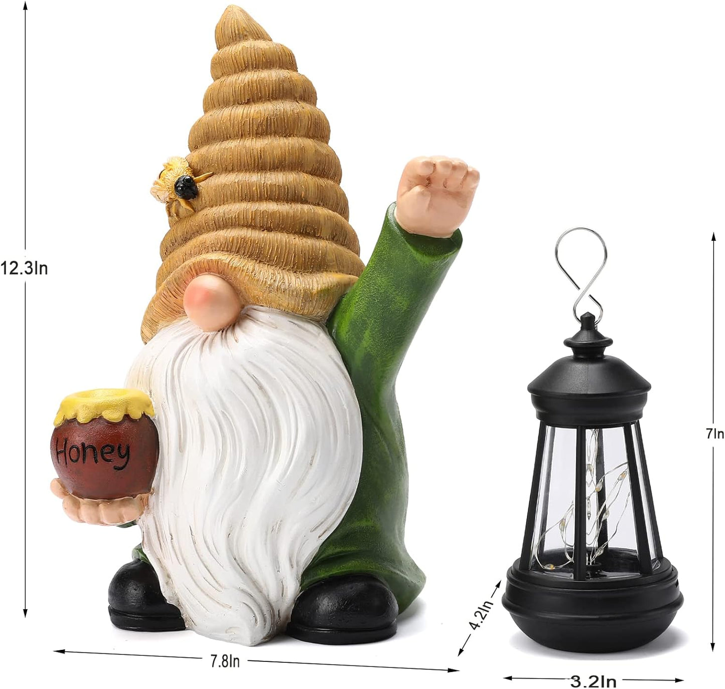 12.3''Solar Garden Gnomes Outdoor Decor Honey Bee jar Gnome Statues with LED Lantern Xmas Patio Lawn Yard Art Decoration Birthday Christmas Gardening Gifts for Mom Dad, Bee Gnome