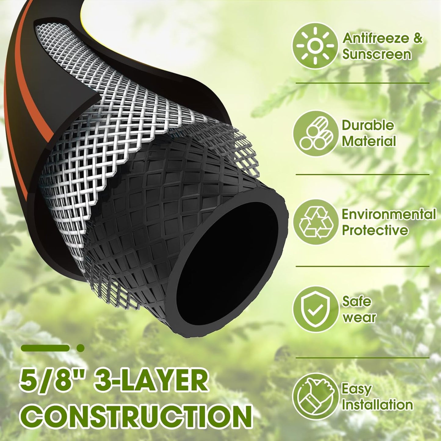 Heavy Duty Garden Hose – 5/8 Inch Flexible, Lightweight Hybrid Hose with 600 PSI Burst Pressure, Swivel Handle, and Durable Copper Male/Female Fittings (Black with hose sprayer, 50FT)