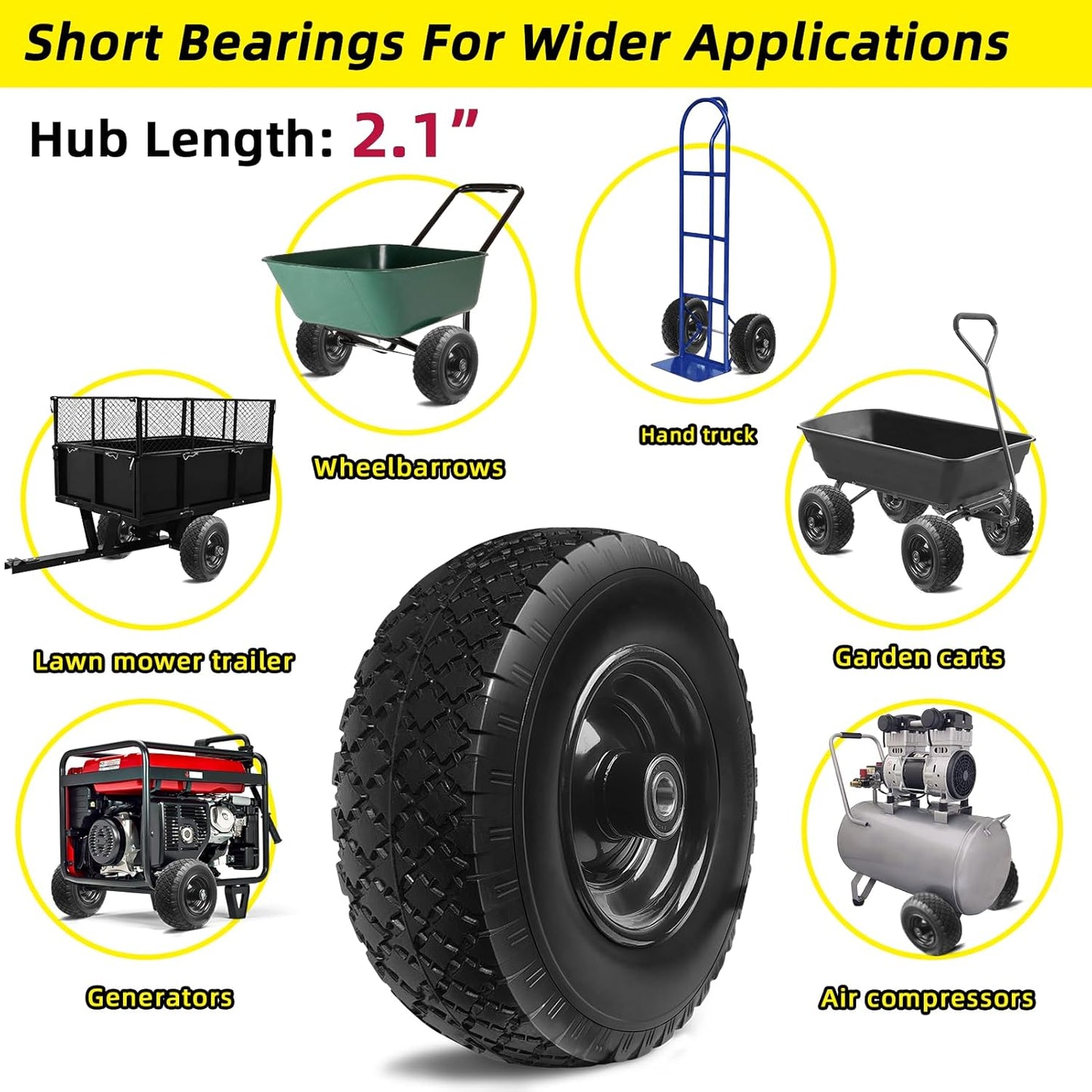 12'' Flat Free Tires Rubber Replacement Solid Tire, 2.1" Offset Hub Wheel Assemblies for Garden Cart Wheelbarrow, 3.5" Wide Polyurethane Tires with 5/8 Inch Axle Bore Hole (410/350-6)