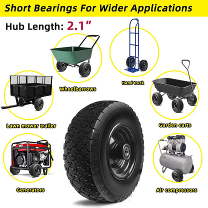 12'' Flat Free Tires Rubber Replacement Solid Tire, 2.1" Offset Hub Wheel Assemblies for Garden Cart Wheelbarrow, 3.5" Wide Polyurethane Tires with 5/8 Inch Axle Bore Hole (410/350-6)