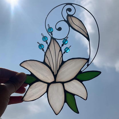 Women Birthday White Lily Flower Gift for Her, Floral Gift Stained Glass Window Hangings Suncatcher Anniversary Love Gifts for Mom Grandma Aunt Sister