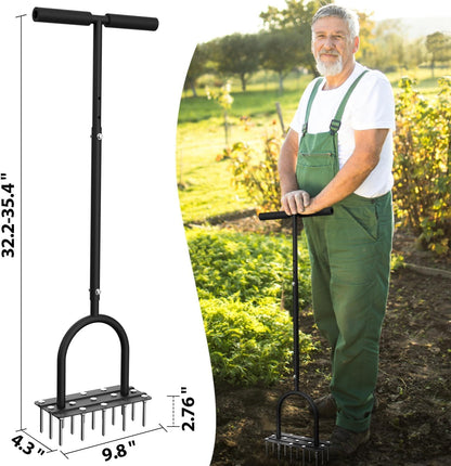 Lawn Aerator Spike Tool - Manual Grass Aerator with 15 Iron Spikes, Pre-Assembled Yard Aerator for Core Aeration, Heavy Duty T-Handle & Wide Foot Plate for Lawn Yard & Garden (Glossy Black)