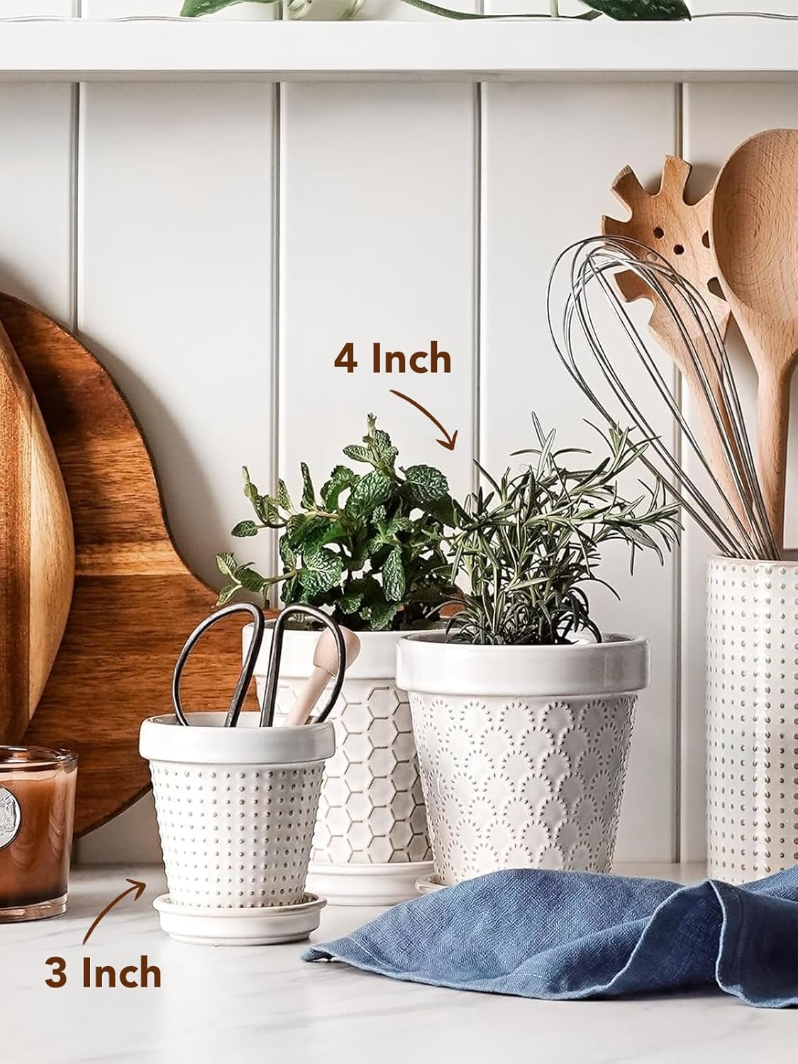 LE TAUCI Ceramic Succulent Pots, 4 Inch Small Plant Pot for Indoor Plant Cactus, Embossed Flower Pots with Drainage Hole & Saucer - Set of 4, Arctic White