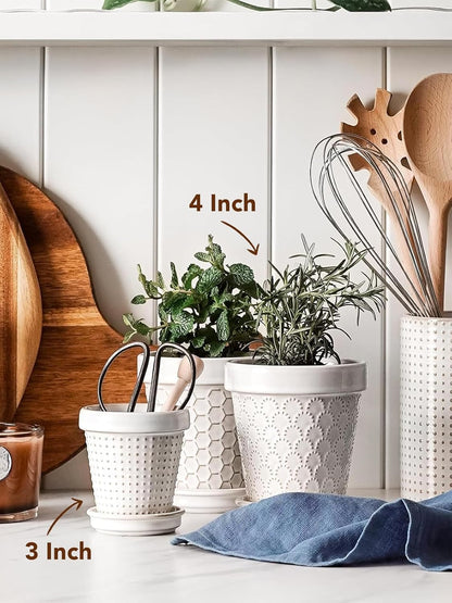LE TAUCI Ceramic Succulent Pots, 4 Inch Small Plant Pot for Indoor Plant Cactus, Embossed Flower Pots with Drainage Hole & Saucer - Set of 4, Arctic White