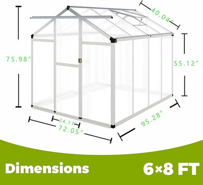 6 x 8 FT Aluminum Greenhouse for Outdoors, Polycarbonate Walk-in Greenhouse,Silver