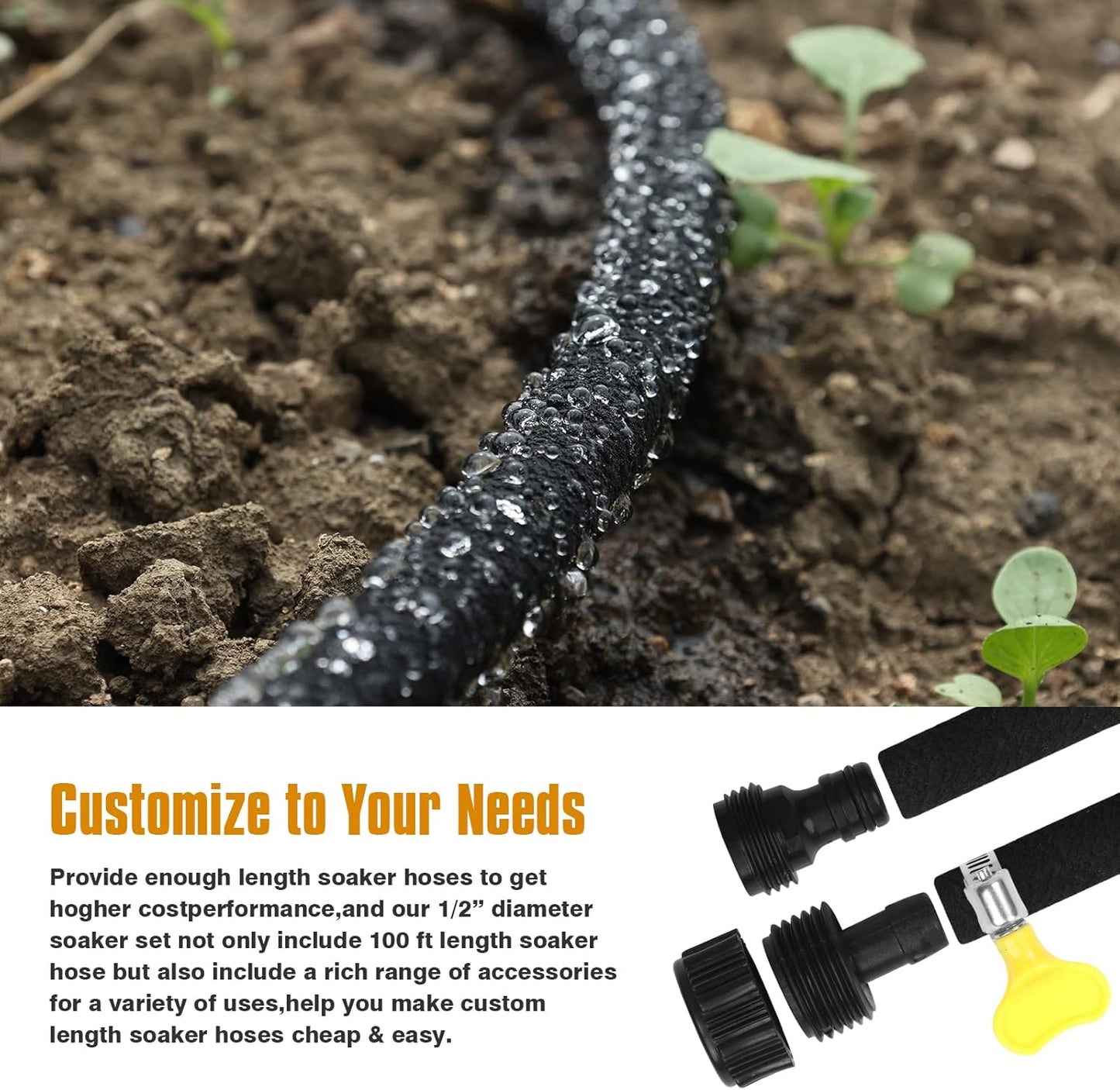 Soaker Hose 100ft for Garden Beds Solid Brass Interface Irrigation Save 70% Water Heavy Duty Rubber 1/2" Diameter Great for gardens/flower beds Accessories Contain Various Connections