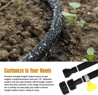 Soaker Hose 100ft for Garden Beds Solid Brass Interface Irrigation Save 70% Water Heavy Duty Rubber 1/2" Diameter Great for gardens/flower beds Accessories Contain Various Connections