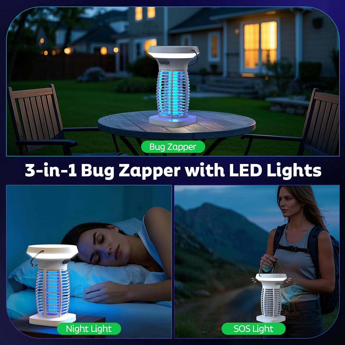 Solar Bug Zapper Outdoor, Mosquito Zapper Outdoor Waterproof Electric Fly Zapper Rechargeable Mosquito Killer with Solar Panel, 4200V Fly Trap Indoor for Home Backyard, Patio, Garden, Camping