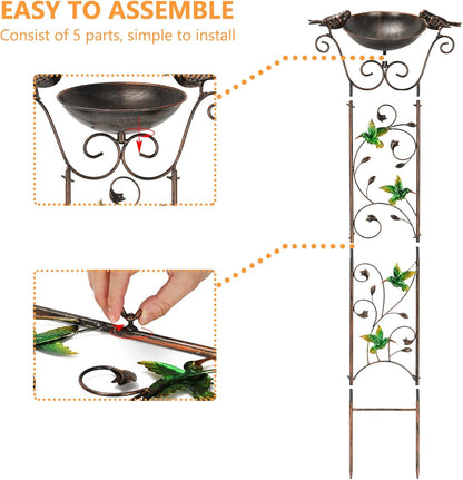 SUNNYPARK Antique Garden Iron Trellis with Decorative Hummingbirds Detachable Bird Bath Bowl Metal Potted Plant Support for Climbing Flowers