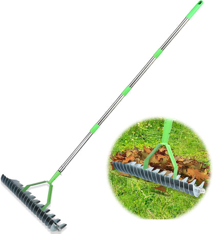 Thatch Rake, 66 Inch Long Dethatching Rake with 12.4 Inch Wide Double Sided Steel Teeth, Heavy Duty Garden Rakes with Efficient Metal Handle for Cleaning Grass, Loosening Lawn Soil