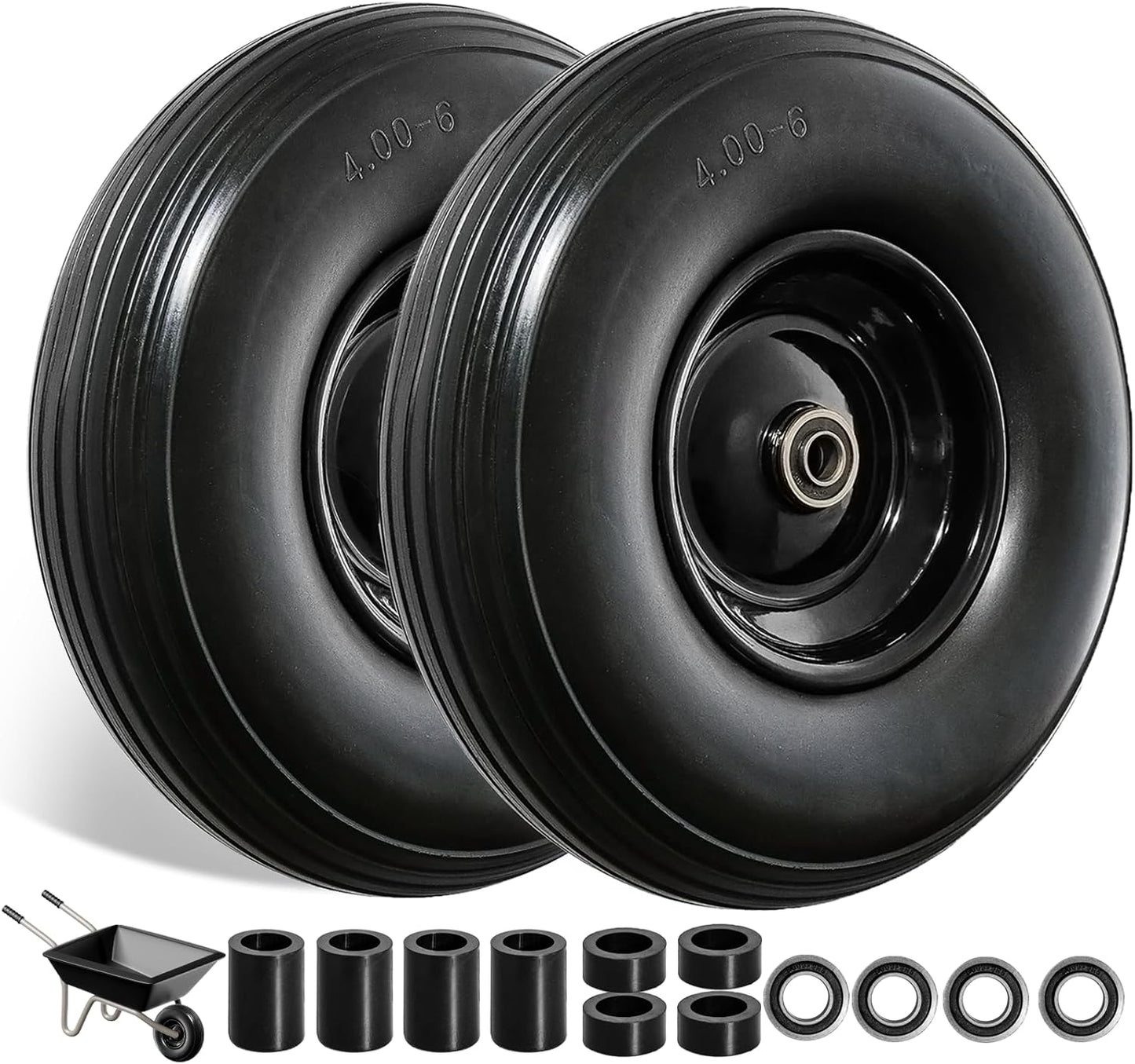 13 Inch Solid Tire Wheel - Replacement 4.00-6" Flat Free Heavy Duty Wheel with 5/8", 3/4" Bearings, 1.75" Center Hub - Fits Garden Cart, Wheelbarrow, Dolly, Hand Truck, Trailer, Utility Wagon, 2 Pcs