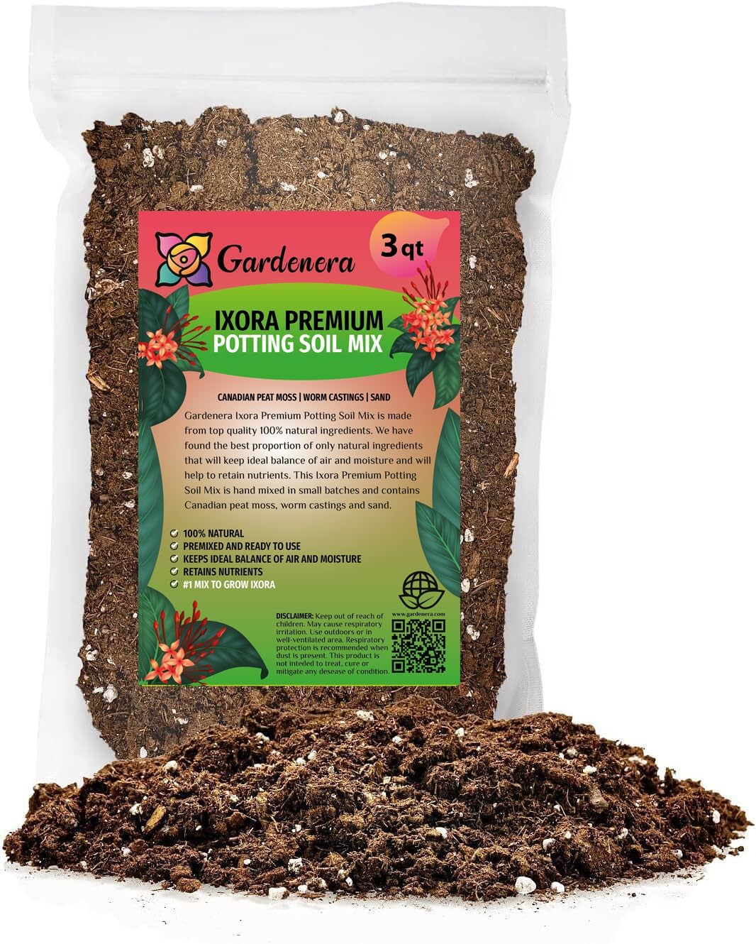 GARDENERA Ixora Plant Potting Soil - Enhance Blossoming and Health with Professional Grade Nutrient-Rich Mix - 3 Quart