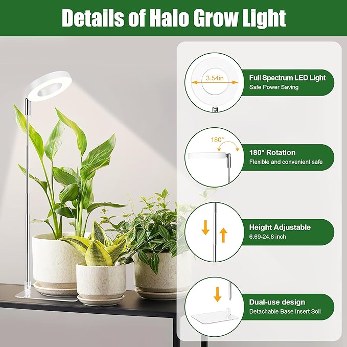3.54" White Grow Light, Full Spectrum Plant Lights for Indoor Growing with 3/9/12H Timer, 3 Color Modes, 10 Brightness, 6.6"-24.8" Height Adjustable，Small Halo Grow Light with Base, 2 Pack