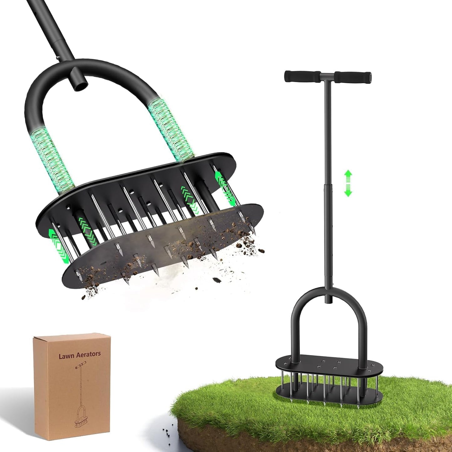 Lawn Aerator Spikes Aerating Tool, Manual Aeration Tools with Padded T-Handle, Wide Foot Plate, 15 3 Inch Solid Steel Spikes, Yard Aerators for Lawn Yard & Garden