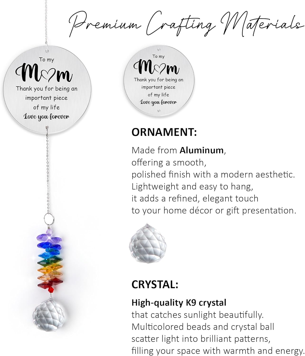 Aluminum Ornament Suncatcher - to My MOM Birthday Gift for Women - Unique Keepsake from Daughters, Granddaughters - Lovely Gifts for Mom, Grandma - Crystal Rainbow Maker
