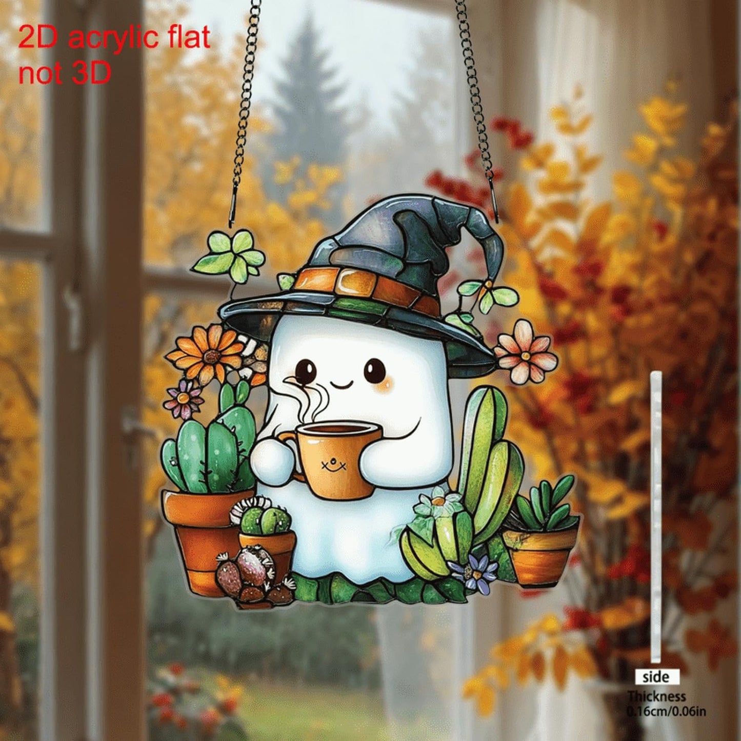 Halloween Cute Ghost Suncatcher,Fun Decoration Plant Light Sun Catcher，Acrylic Window Hanging Indoor Outdoor for Family Art Wall Decor，Women Friends Neighbor Halloween Party Gift 7.8inch