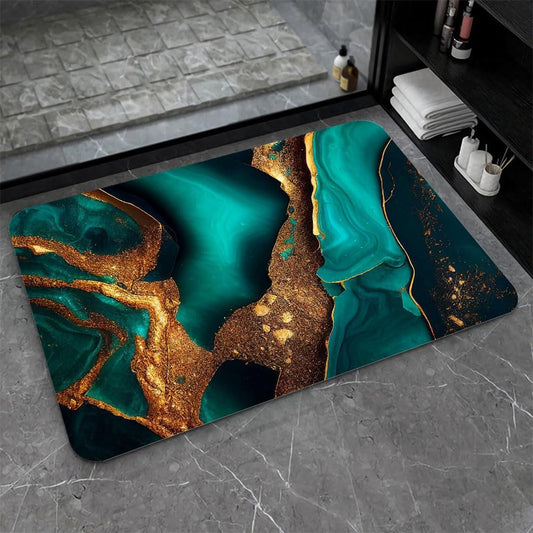 Bath Mat-Bathroom Rug，Cyan and Gold Marble-Absorbent Non Slip Quick Dry Stain Resistant Easy to Clean Care Shower Rug for Bathtub Shower Room 17×27.5Inch (43 * 70cm)