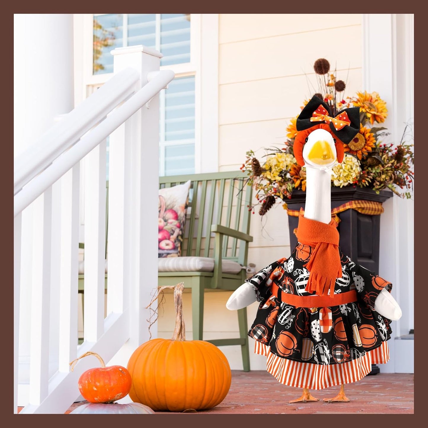 Thanksgiving Gingham Pumpkins Porch Goose Outfits for 23 Inch Lawn Statue, Fall Costume for Plastic/Cement Statue, Harvest Autumn Duck Sculpture Clothes for Yard Patio Party Decoration