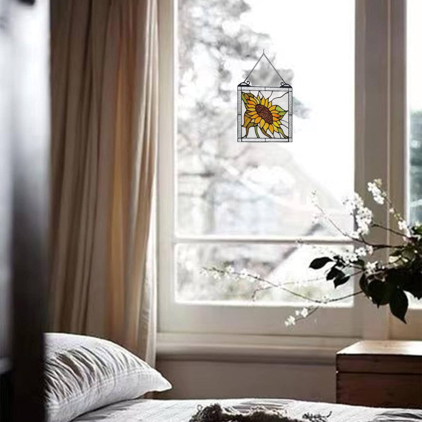 Sunflower Stained Glass Panels Window Hanging,Sun Flower Suncatcher Handmade Art Elegant Decoration,Sunflower Gifts for Women Home Decor,Window Or Wall Decor for Living Room, Bedroom