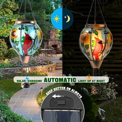 Hot Air Balloon Solar Lantern - Cardinal Bird Glass Lantern, Simulated Flickering & Dancing Flame, Outdoor Hanging Yard Light Waterproof IP65 for Patio Lawn Porch Decor Gift