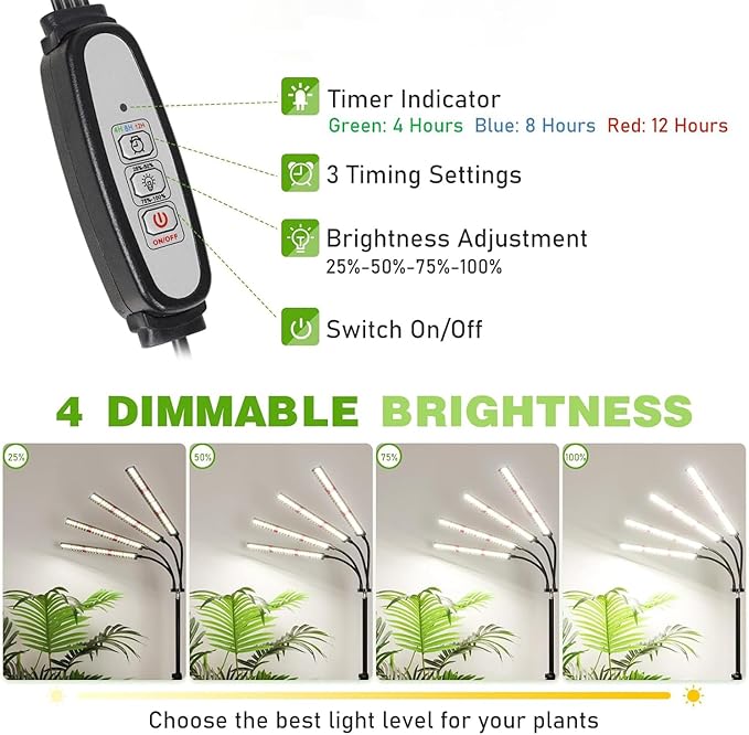 FOXGARDEN Grow Lights for Indoor Plants Full Spectrum with Tripod Stand, Tall Grow Lights for Indoor Growing with Flexible Gooseneck, Four-Head Plant Light with 4/8/12H Timer & 4 Brightness Levels