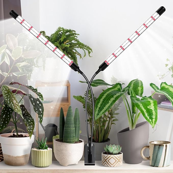 2 Head Grow Lights for Seed Starting, Full Spectrum Grow Lights for Indoor Plants with 6/12/18H Timer, V-Shaped Design Light, 5 Dimmable Level, Plant Lamp Clip-on Desk for Indoor Plant Growing