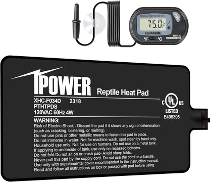 iPower 4 by 7-Inch 4W Reptile Heat Mat, LCD Digital Aquarium Thermometer, Under Tank Warmer Terrarium Heat Pad for Turtles Lizards Frogs and Other Small Animals, Multi Sizes
