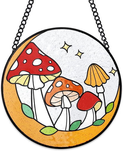 Tuitessine Mushroom Stained Glass Suncatcher Moon Toadstools Window Wall Hanging Ornament Hand-Painted Glass Panel Decor for Home Gift for Nature Plant Mushroom Lovers 6.3"*6.3"