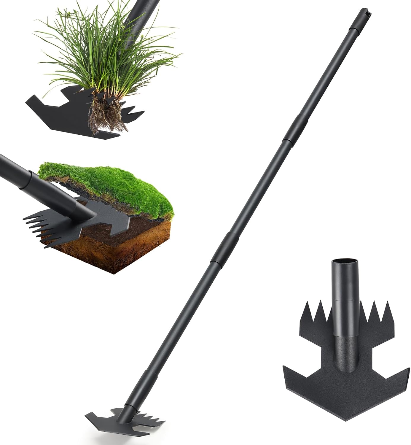 Garden Hoe,2 in 1 Heavy Duty Scuffle Weeding Hoe Garden Tool with Shaped Edge, 45 inch Long Handle, Hand Weeding Rake Action Hoe for Weeding Gardening Grass Weed Moss Removal