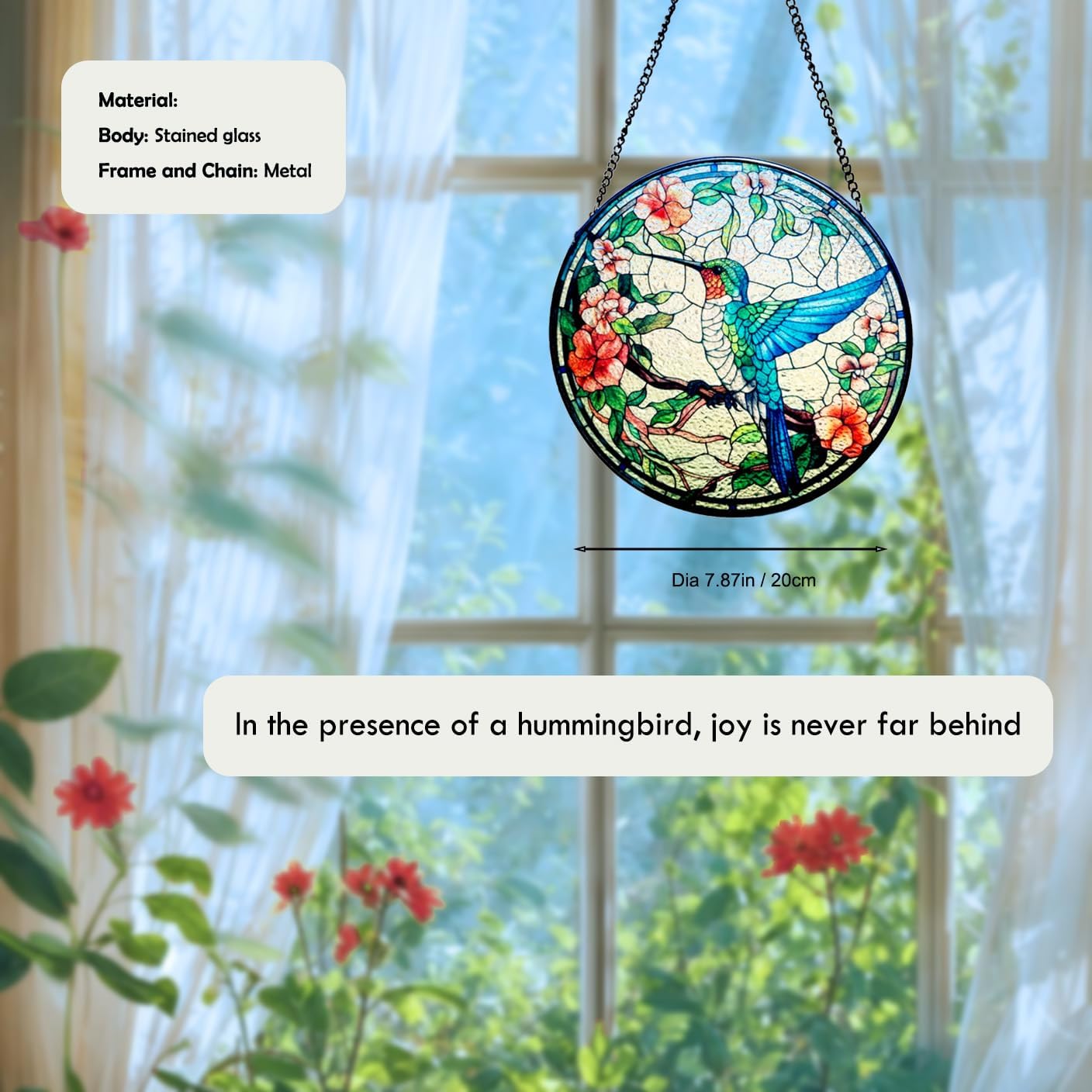 Stained Glass Window Hanging, 7.87" Luyseyha Sun Catcher for Window, Hummingbird Suncatcher Ornaments, Handmade Glass Art Wall Decor, Birthday Gift for Women Grandma Mom
