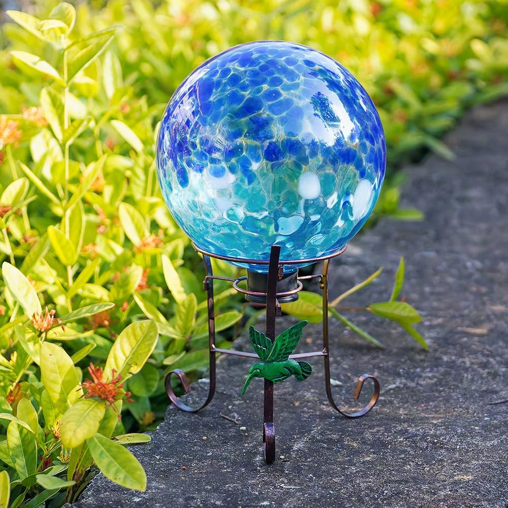Stargarden Gazing Ball, 10 Inch Gazing Globe, Decorative Glass Balls with Metal Ball Holder, Mixed Blue Globe for Indoor, Outdoor Decor