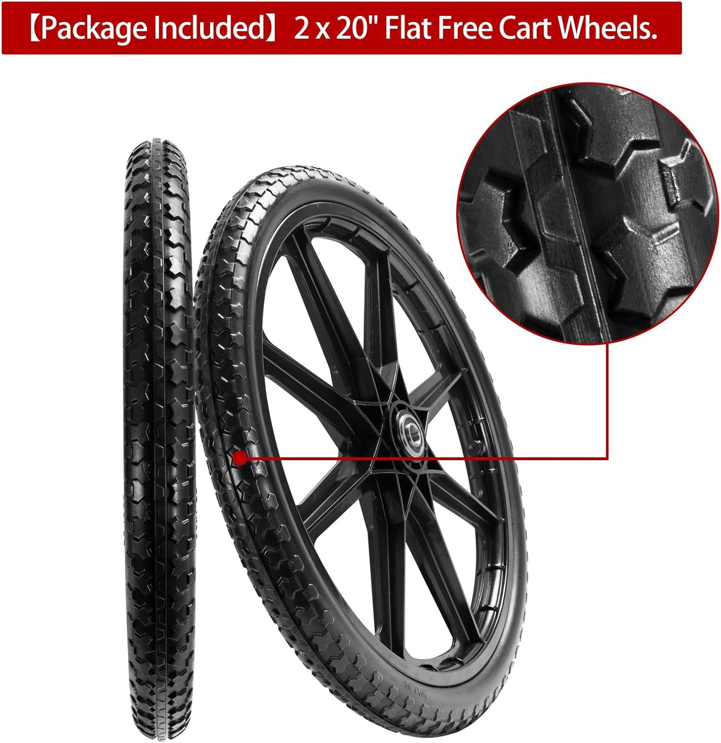 (2 PACK) 20" Flat Free Cart Wheels Compatible with rubbermaid Wheelbarrow Wheels,20x2" Flat Free Tires for Lawn Mower, Garden Cart- 3/4" Bearing,Hub Length 2.5", Black