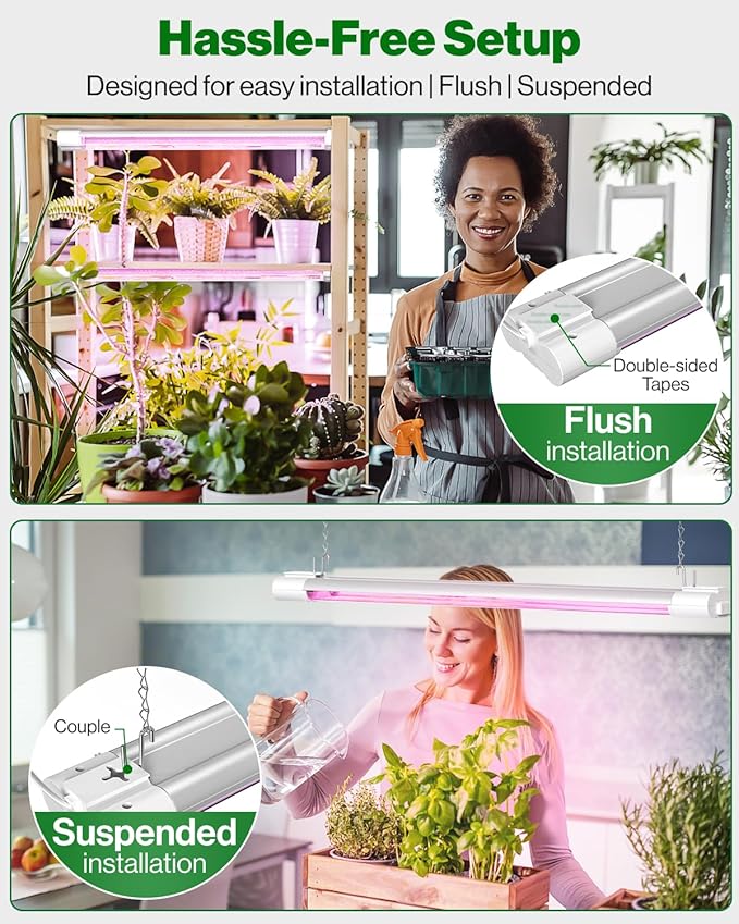 Sunco 8 Pack 2ft Grow Light LED, 20W, Full Spectrum, for Seed Starting, Seedling, Indoor Plants, Plug in Suspended Fixture, Link Up to 8, Inline Switch, ETL.