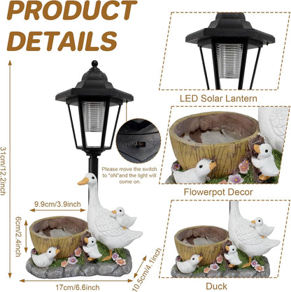 Garden Duck Statues with Solar Lantern Flowerpot Outdoor Decoration, Duck Figurines Yard Art Sculptures for Patio Lawn Backyard Porch Ornaments Unique Housewarming Birthday Gifts for Women Mom