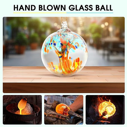 Hand Blown Glass Ball, 4" Gazing Glass Christmas Ornaments, Hanging Tree of Life Witch Balls for Home Outdoor Window Patio Garden Décor（Blue）