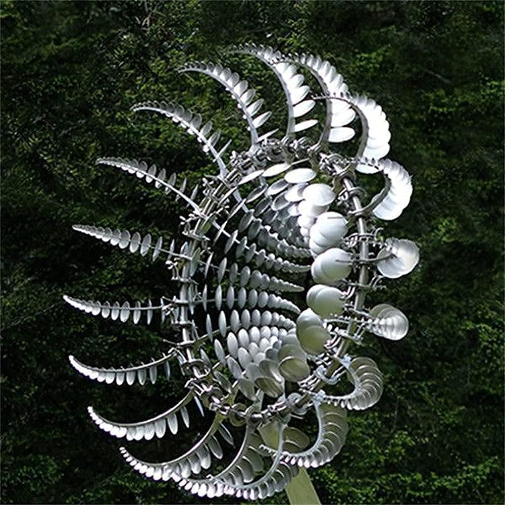Magical Metal Windmill, Stainless Steel Windmill,Kinetic Metal Wind Spinners Garden Stake, 3D Wind Sculptures Move with The Wind Lawn Solar Wind Catcher Outdoor Patio Garden Decoration (SILVER-2PCS)