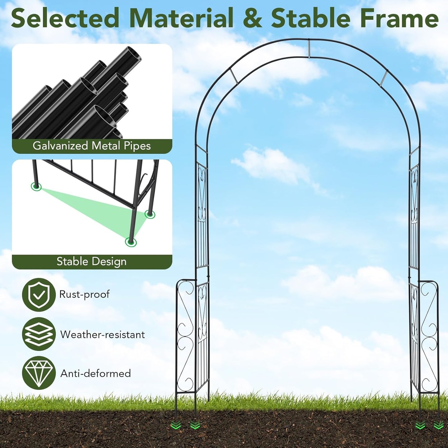 Happygrill Garden Arch Trellis, 7.9 FT Metal Pergola Arbor w/Elegant Pattern & Arc Top Design, Galvanized Metal Pipes, Outdoor Garden Arbor Archway for Parties, Weddings, Ceremony Decoration
