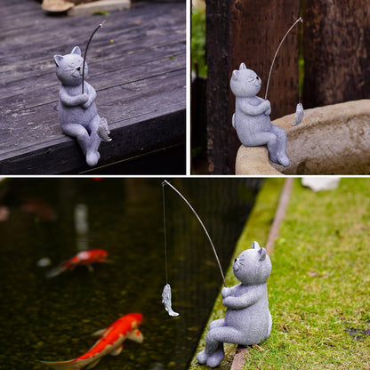 Goodeco Fishing Cat Garden Statue – 10" Little Cat Fisher for Garden Pond Decor, Poolside Statue with Glow in Dark Pebbles Included,Great Gifts for Mom, Women & Birthdays (Cat)