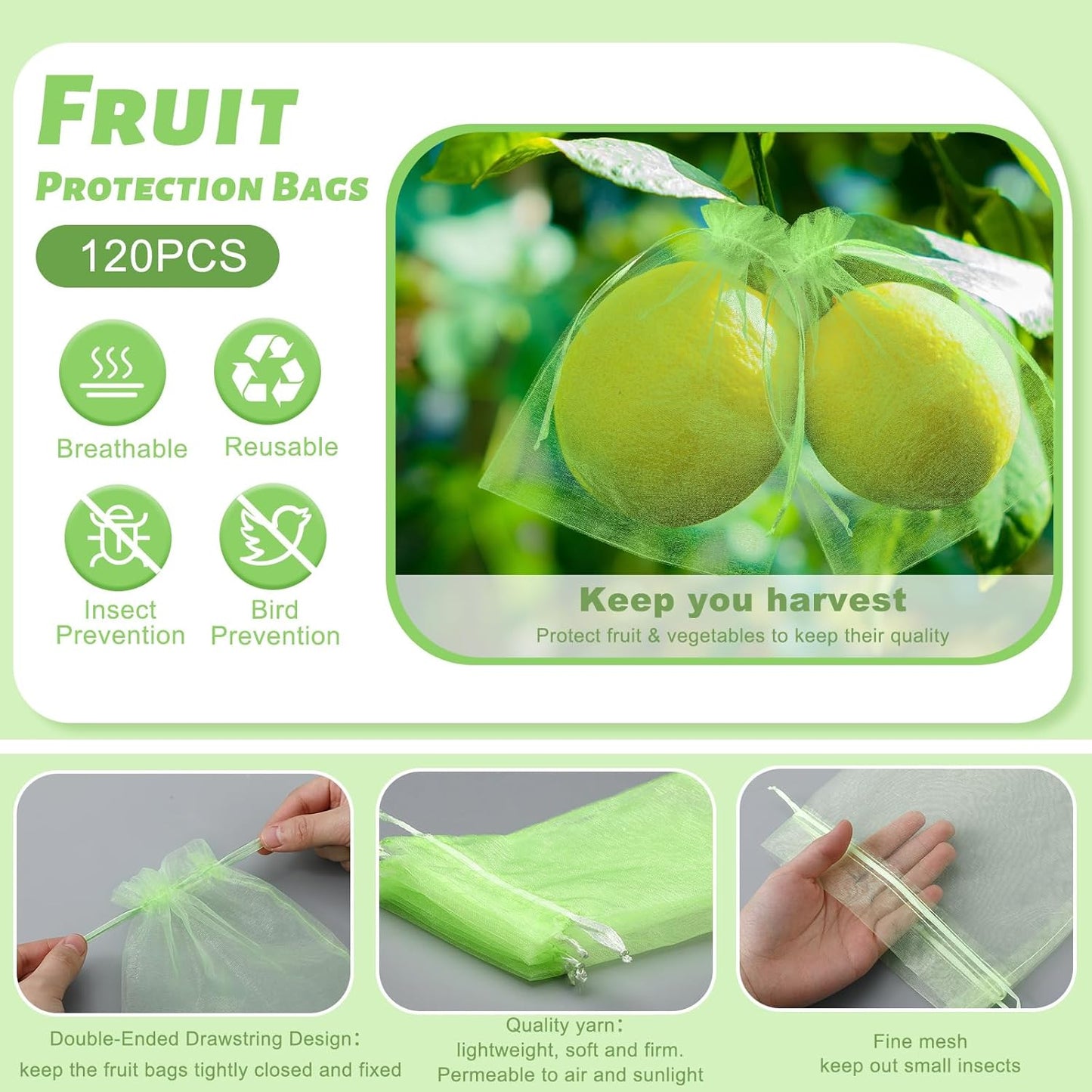 120 Pcs Fruit Protection Bags 3 Size Green Mesh Bags for Fruits Vegetables with 120 Pcs Plant Label Drawstring Mesh Pest Barrier Netting Cover for Veggies Garden