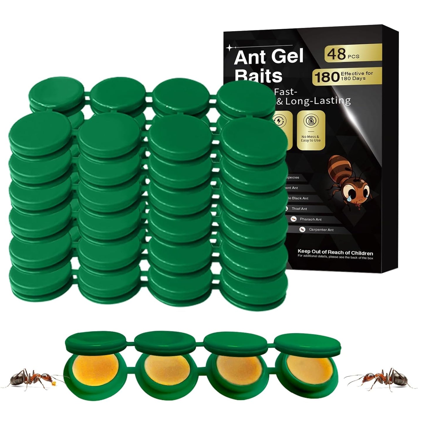 48 Pack Ant Killer Gel Bait, Long Lasting Indoor & Outdoor Ants Bait for Effective Ant Control, Safe & Easy to Use Pest Control for All Common Household Ants, Mess-Free Gel Stations