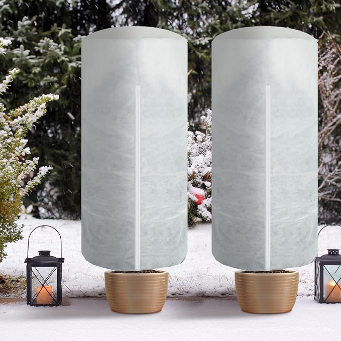 WILLBOND 2 Pcs 47 x 71 Inches Rounded Top Plant Covers Freeze Protection for Winter Cylindrical Frost Cloths Shrub Frost Covers with Zipper Drawstring for Shrub Bush Fruit Tree Potted