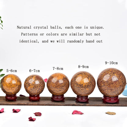 JIC Gem Real Natural Crystal Sphere Ball with Wooden Stand for Fengshui Golden Jade Healing Crystal Ball Decoation Meditation Energy Reiki Ball (90-100mm)