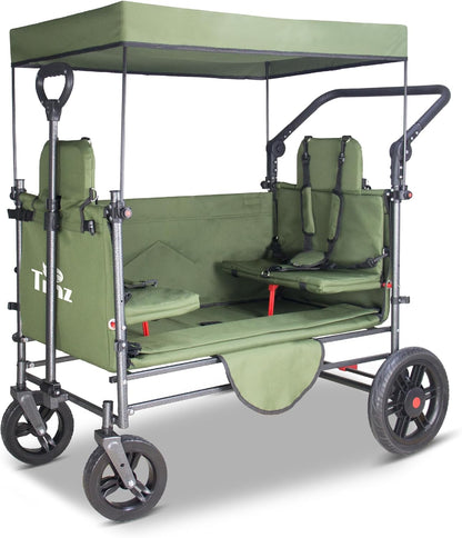 TMZ Collapsible Wagon Cart with Side-Opening Seat Conversion Design, Foldable Utility Wagon with 2 Seats, Heavy Duty Wagon 265 lbs Load Capacity (Green)