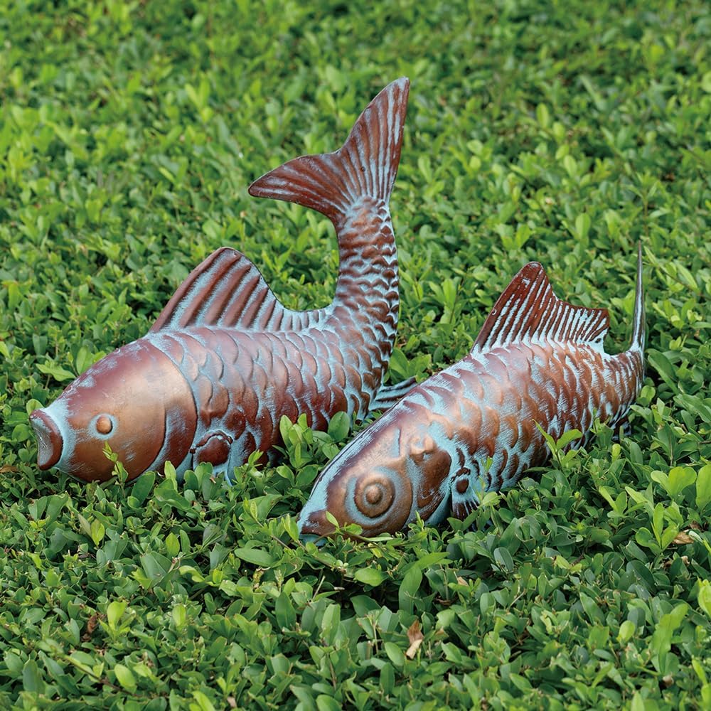 Set of 2 Koi Fish Decor Outdoor Statue Sculpture Garden Pond Fishes Yard Art Antique Copper Koi Sculptures & Statues Large Metal Koi Fish Figurine Ornaments Décor Gifts for Women Mom Grandma