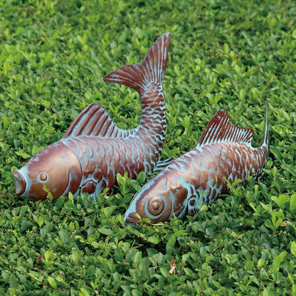 Set of 2 Koi Fish Decor Outdoor Statue Sculpture Garden Pond Fishes Yard Art Antique Copper Koi Sculptures & Statues Large Metal Koi Fish Figurine Ornaments Décor Gifts for Women Mom Grandma