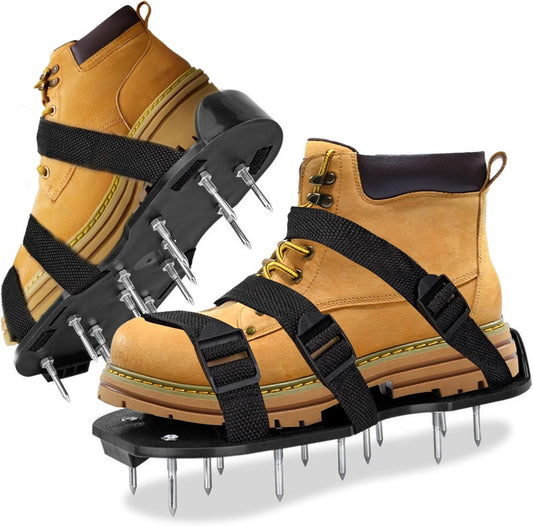 The Lawn Aerator Shoes for Grass, Epoxy Spiked Shoes with 1.65'' Sharp Short Spikes, Garden Grass Loosening Spike Shoe for Epoxy Flooring, 6 - Shoelace Design (Black, 11.8'' x 5.1'')