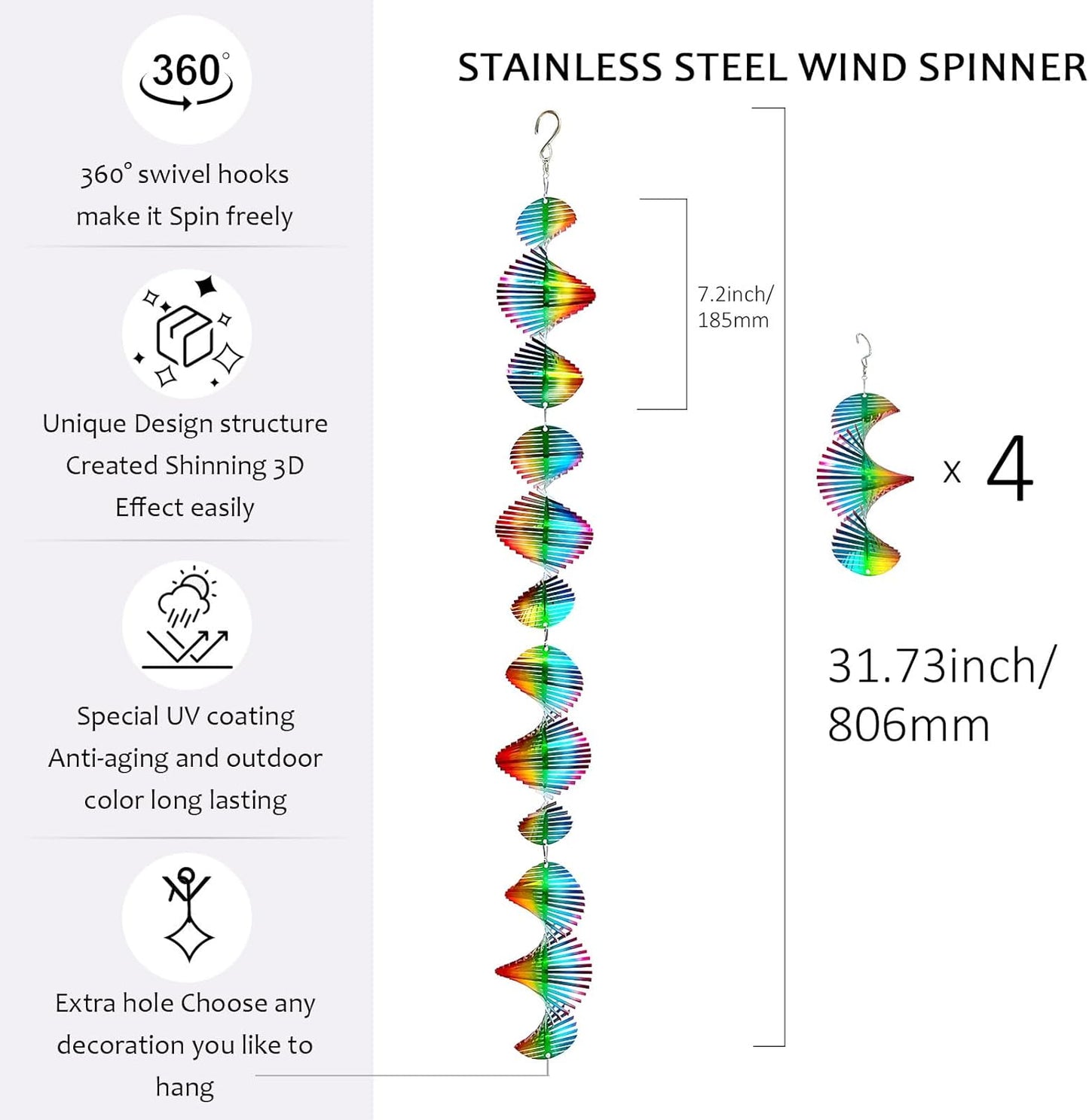Rainbow Wave Wind Spinners Outdoor Hanging Garden Decor,Bird Deterrents for Outside,Sparkly Reflective Wind Spinner,Stainless Steel Bird Scare Devices-Scare Birds Away from Yard Patio Farm